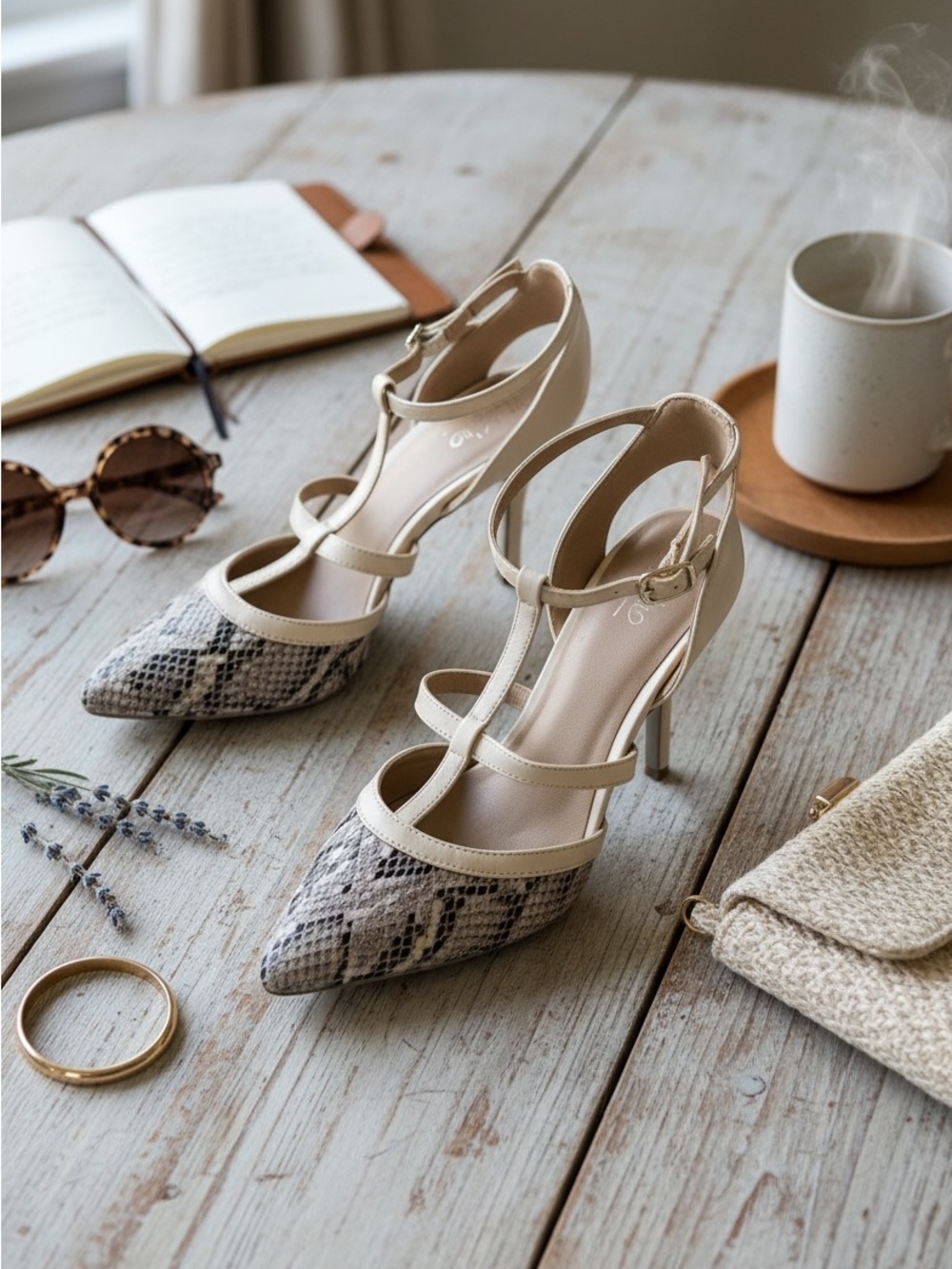 Mossimo Supply Co. Beige Snake-Print T-Strap Pointed Heels